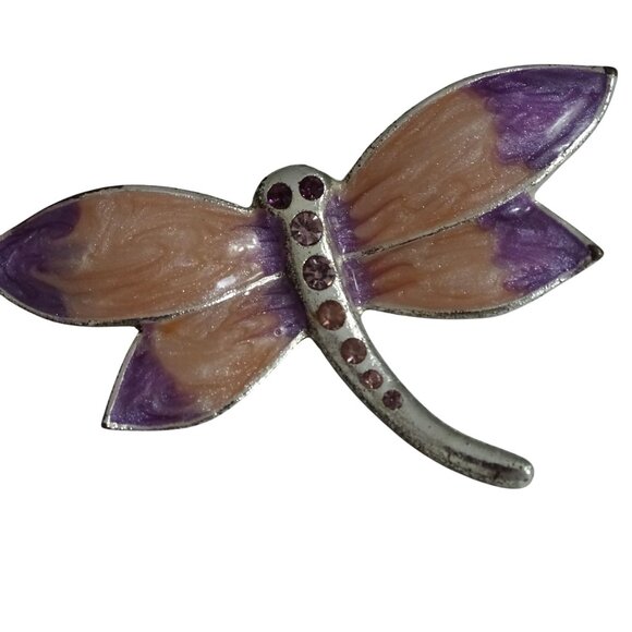 Dragonfly Brooch Pin With Rhinestones and Enamel Accents Purple Pink Silver Tone - Picture 2 of 8